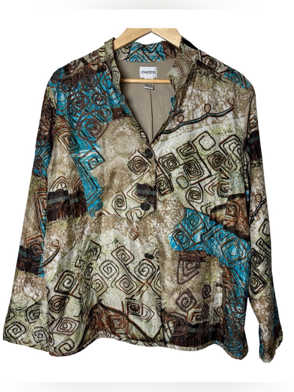 Chicos Eclectic Silk Button Front Long Sleeve Jacket Brown Size 3 XL Embroidered